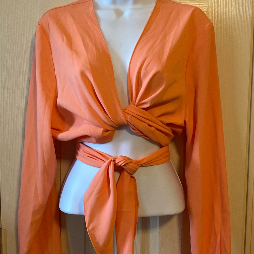 Rebdolls Tangerine Tie Front Frill Sleeve Blouse